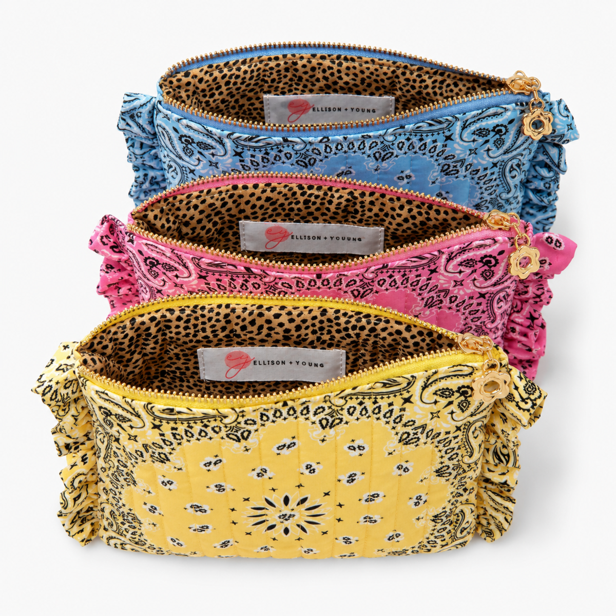 Ellison+Young Bandana Ruffle Everything Pouch with Embroidery, Quilted Cosmetic Case