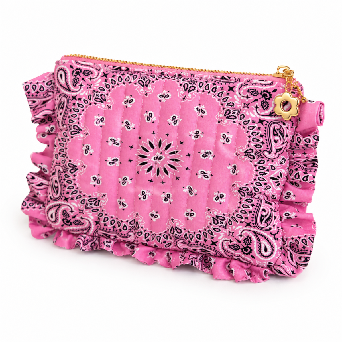 Ellison+Young Bandana Ruffle Everything Pouch with Embroidery, Quilted Cosmetic Case