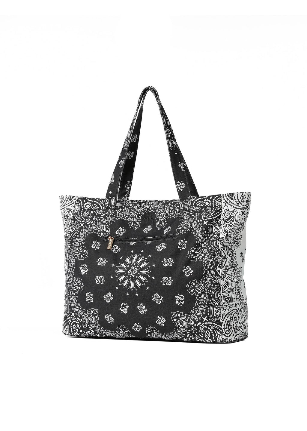 Black and white patterned tote bag on a white background