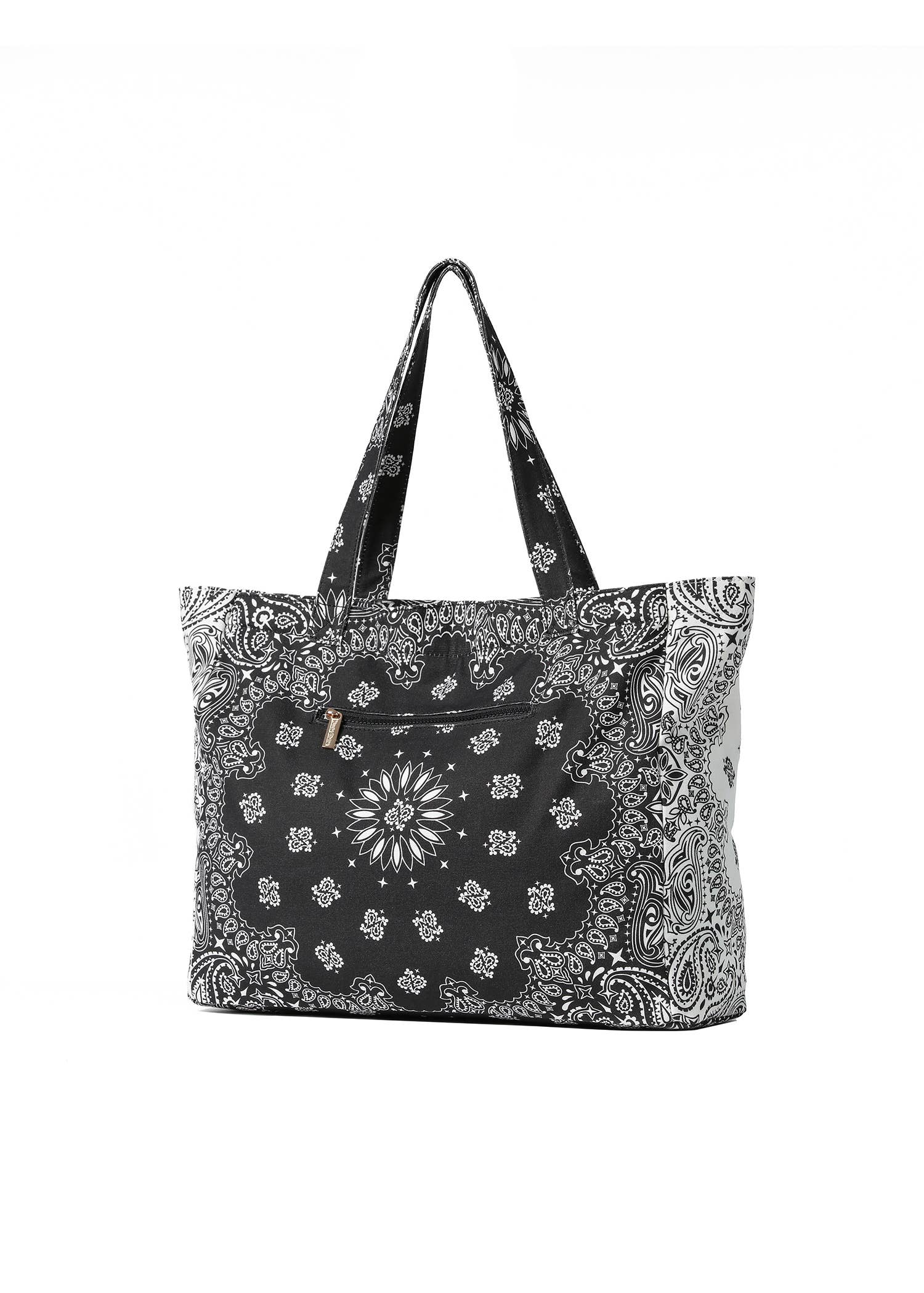 Black and white patterned tote bag on a white background