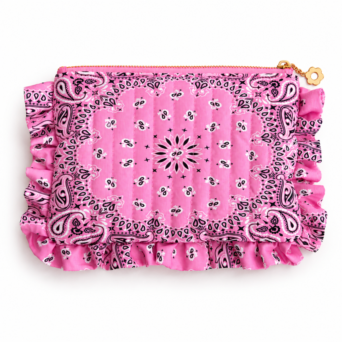 Ellison+Young Bandana Ruffle Everything Pouch with Embroidery, Quilted Cosmetic Case