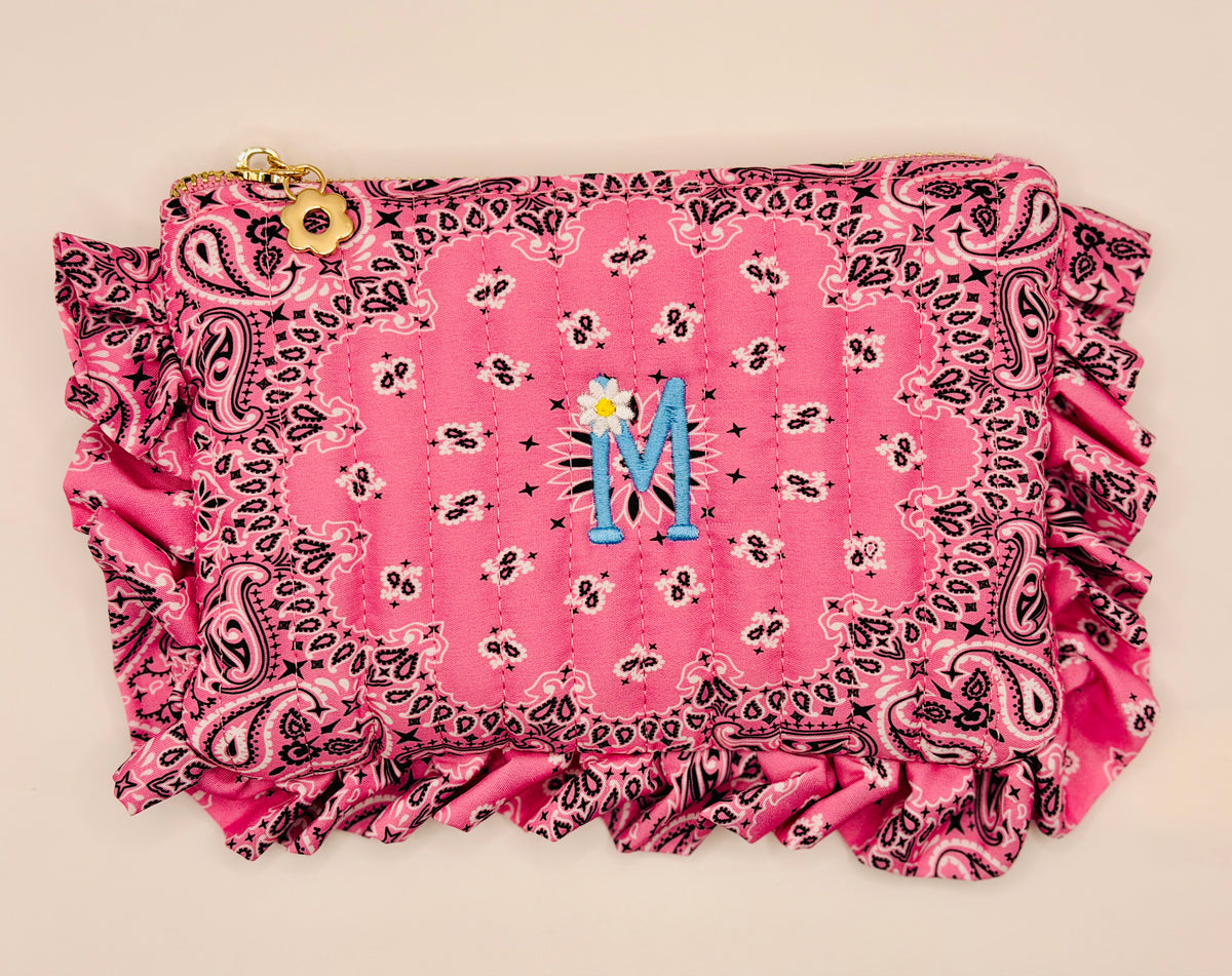 Ellison+Young Bandana Ruffle Everything Pouch with Embroidery, Quilted Cosmetic Case