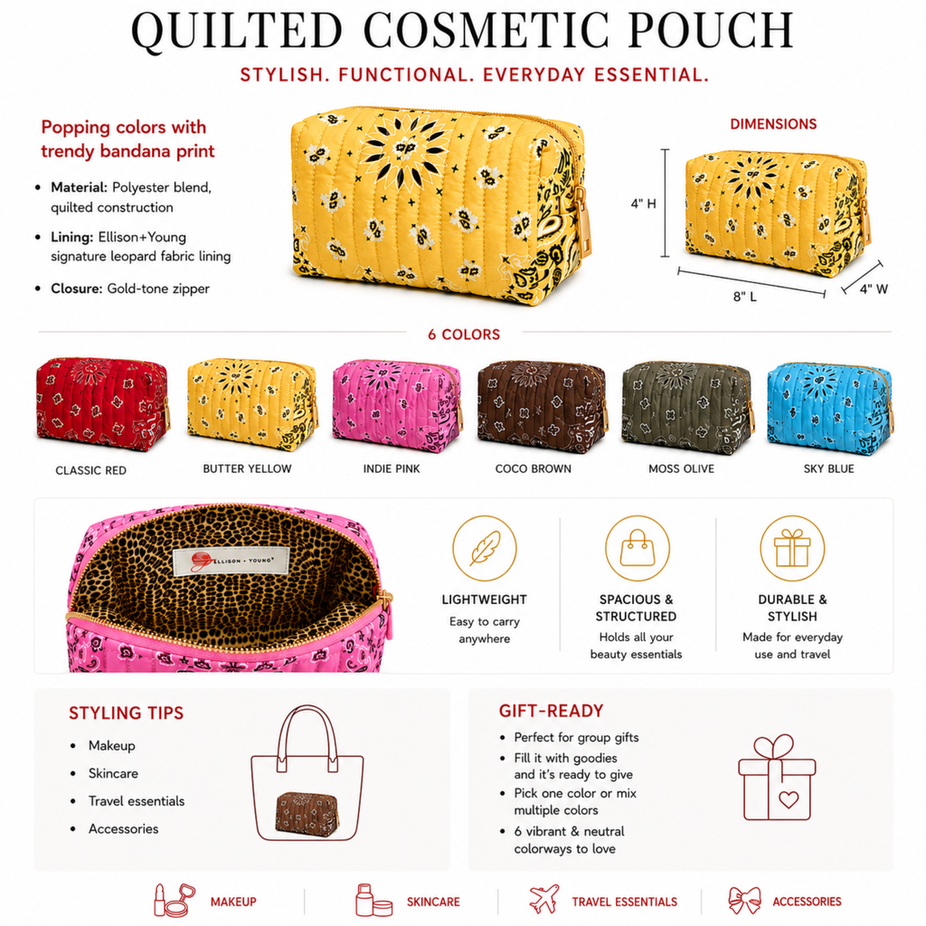 Ellison+Young Bandana Cosmetic Case with Embroidery, Everyday Travel Pouch