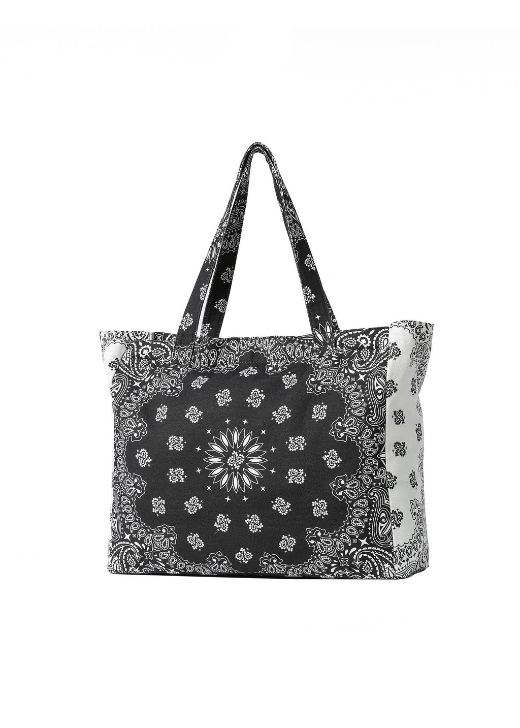 Black and white patterned tote bag on a white background