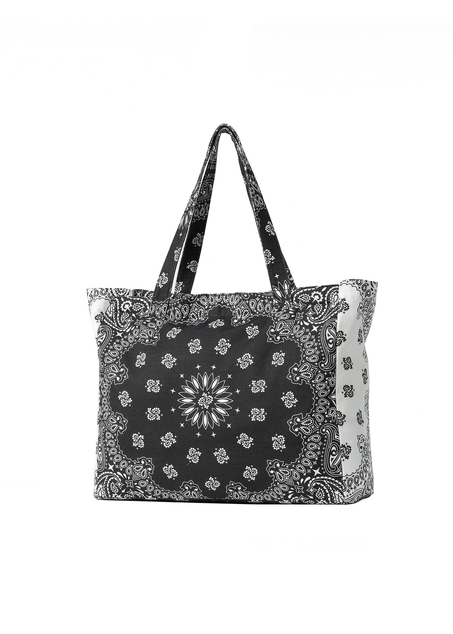 Black and white patterned tote bag on a white background