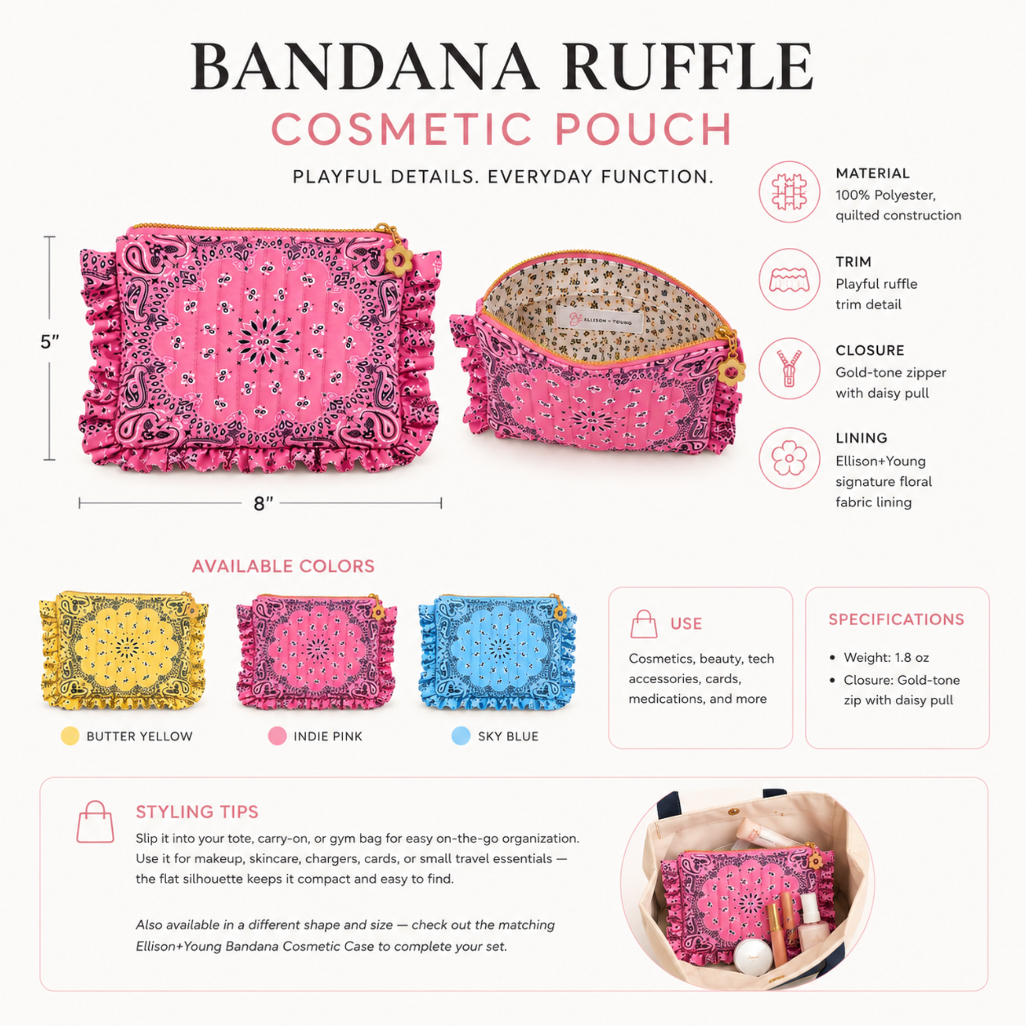 Ellison+Young Bandana Ruffle Everything Pouch with Embroidery, Quilted Cosmetic Case