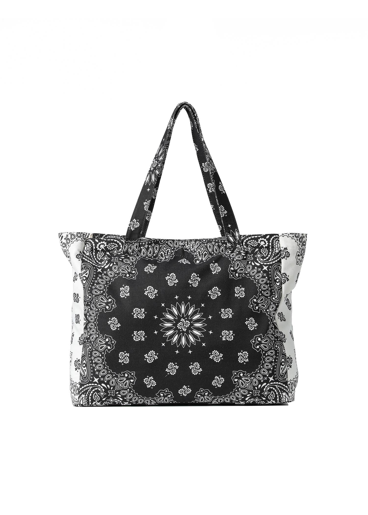 A black and white patterned tote bag with a central mandala design and paisley-style handles, shown against a plain white background.