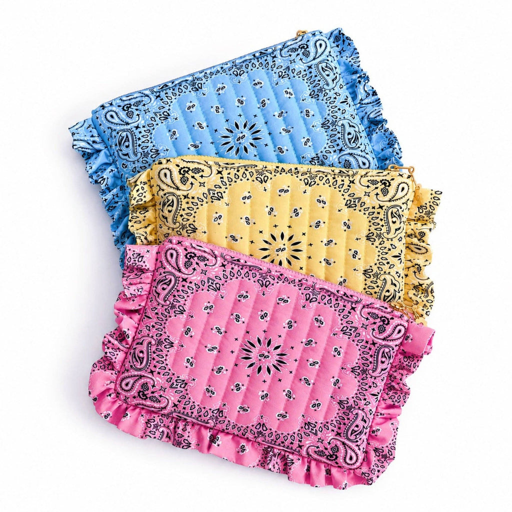 Ellison+Young Bandana Ruffle Everything Pouch with Embroidery, Quilted Cosmetic Case
