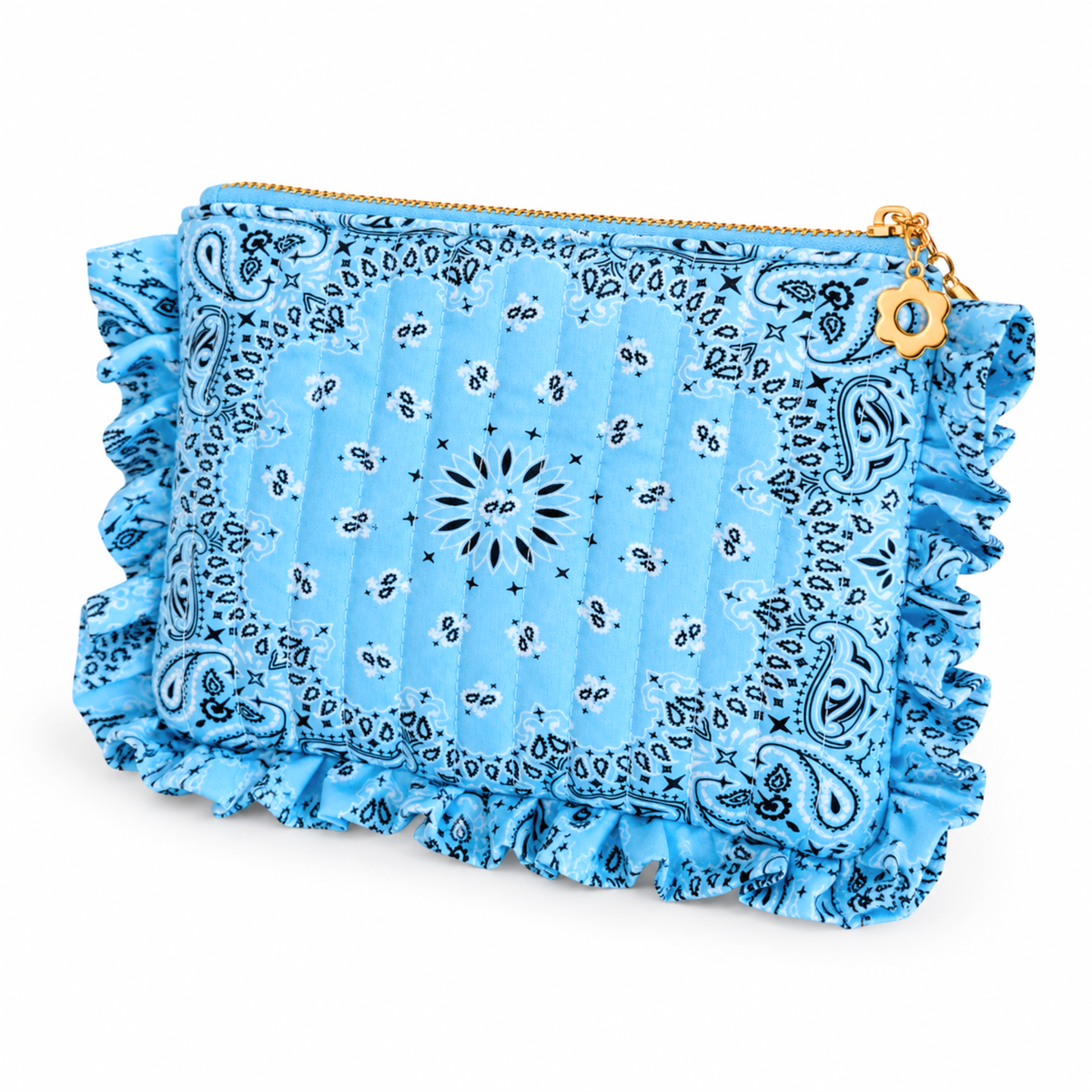 Ellison+Young Bandana Ruffle Everything Pouch with Embroidery, Quilted Cosmetic Case